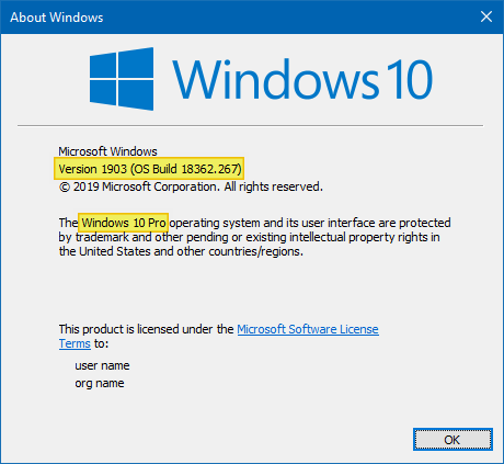 find windows 10 version build bitness winver