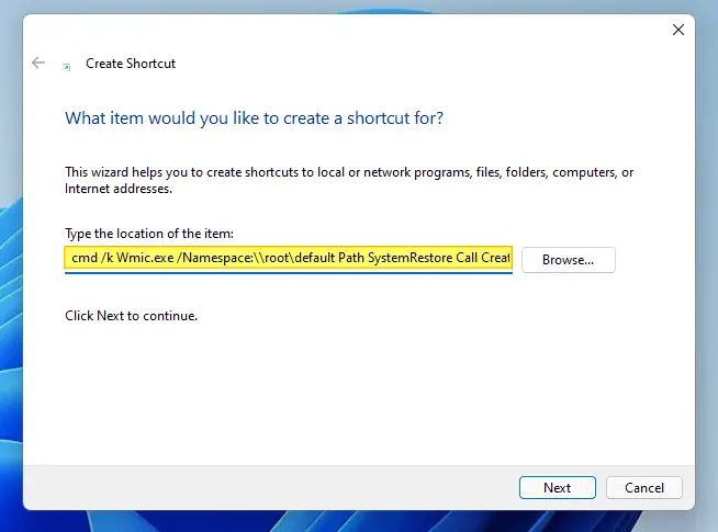 create restore point wmic shortcut