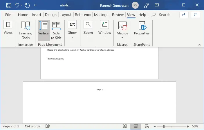 set selected page landscape same word document