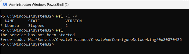wsl error 0x80070426 dns client service not started