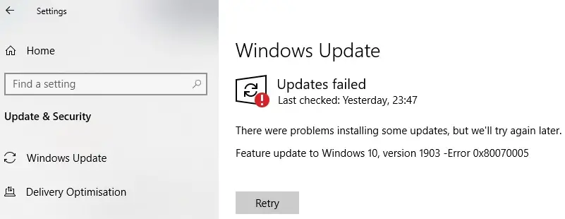 Windows 10 Error 0x80070005 When Installing Feature Update 1903